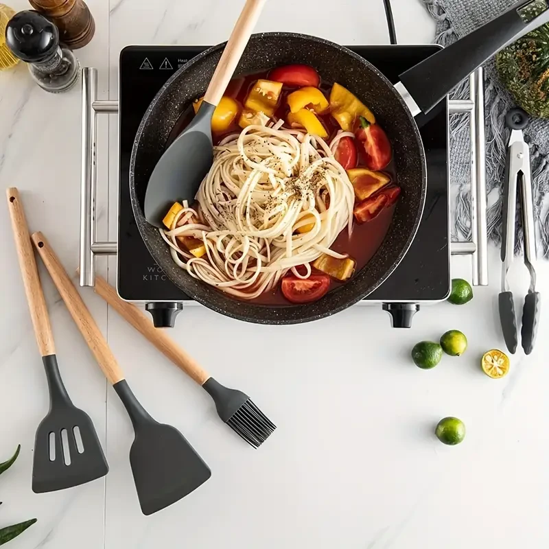 12pcs Silicone Kitchen Utensil Set with Wooden Handles - Heat Resistant, Non-Stick Cooking Tools Including Whisk, Spatulas, Ladle & More - Essential for Home and Restaurant Use, Silicone Cooking Utensils