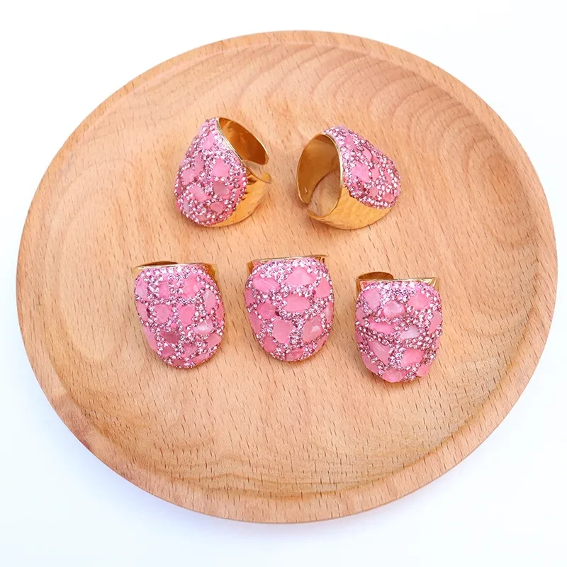 Irregular Pink Crystal Rose Natural Stone Women's Ring