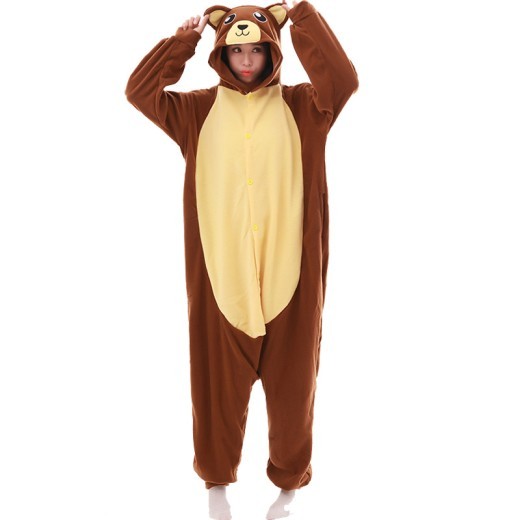 Hooded Long-Sleeved Polar Fleece Animal Cartoon One-Piece Pajamas Brown Bear Hooded Couple Clothes