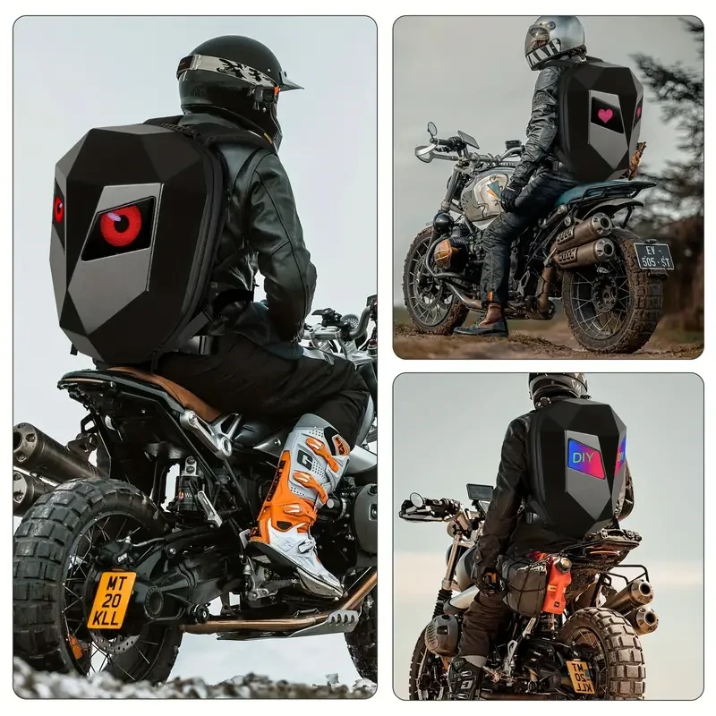 LED Motorcycle Riding Backpack with Hard Shell, DIY Helmet Storage, and Waterproof Laptop Compartment - 19 Inch Outdoor Camping Bag