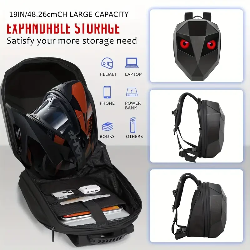 LED Motorcycle Riding Backpack with Hard Shell, DIY Helmet Storage, and Waterproof Laptop Compartment - 19 Inch Outdoor Camping Bag