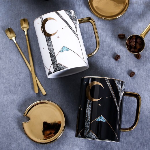 Large Capacity Ceramic Cup With Lid Cpoon Coffee Cup Couple Cup
