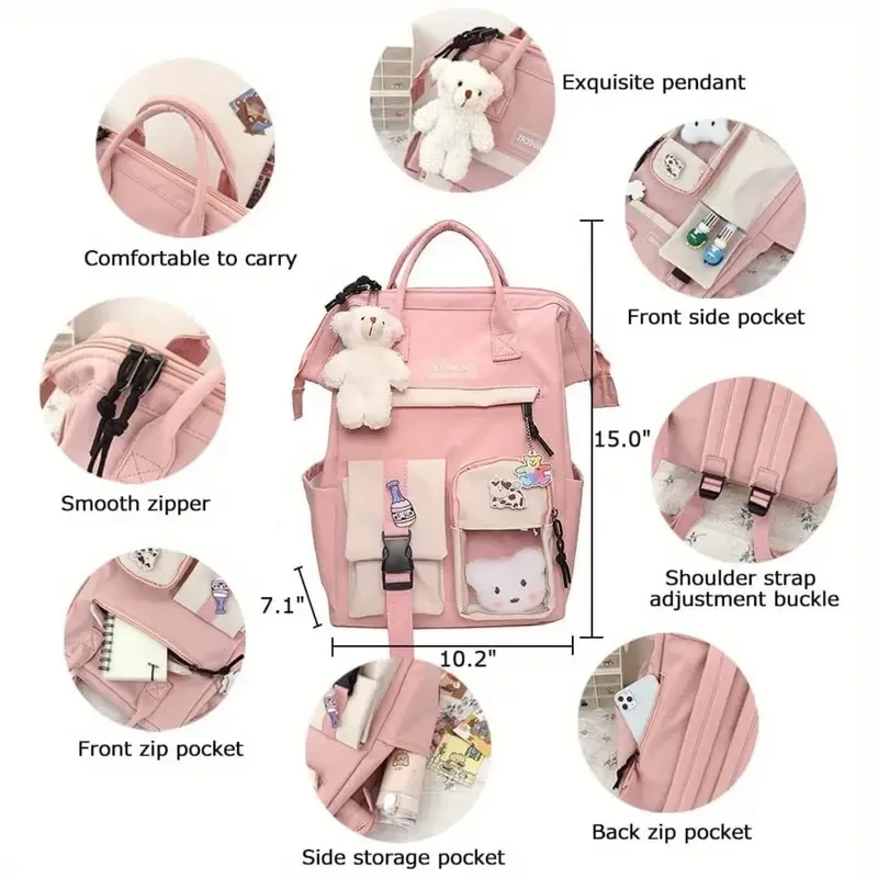 Kawaii Big Capacity Backpack with Kawaii Pin and Accessories - Cute Aesthetic School Backpack for Teen Girls