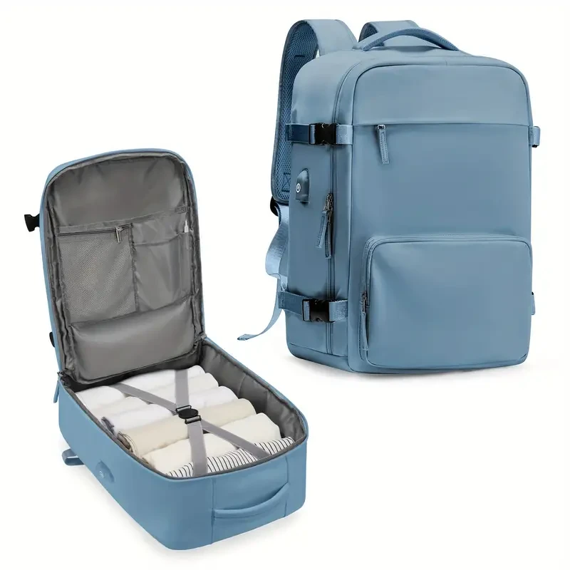 Casual Travel Portable Luggage Backpack with USB Charging Port & Trolley Strap - For Men and Women