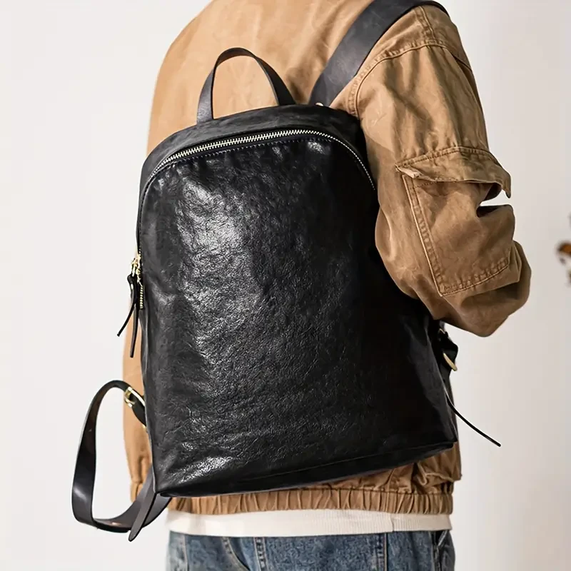Vintage Style Waterproof Cowhide Men's Backpack - Trendy Retro Leather Bag for Travel and Commute
