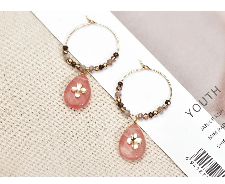 Women Fashion Natural Stone Hoop Earrings With Pink Waterdrop Stone