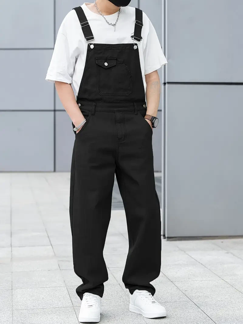 Men's All-Season Green Denim Bib Overalls - Loose, Casual Streetwear
