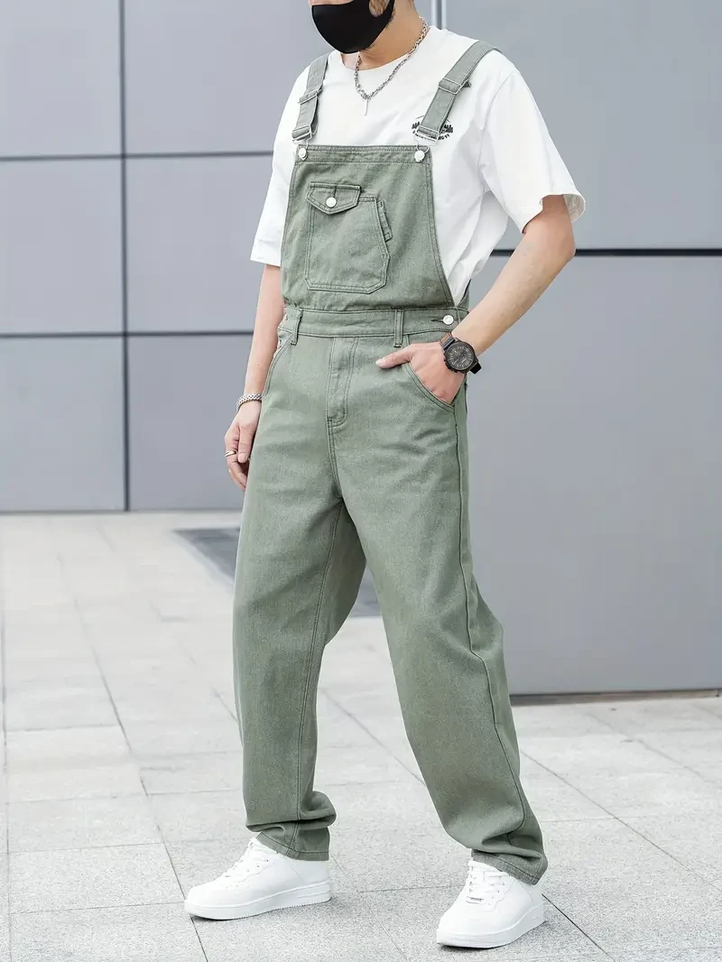 Men's All-Season Green Denim Bib Overalls - Loose, Casual Streetwear