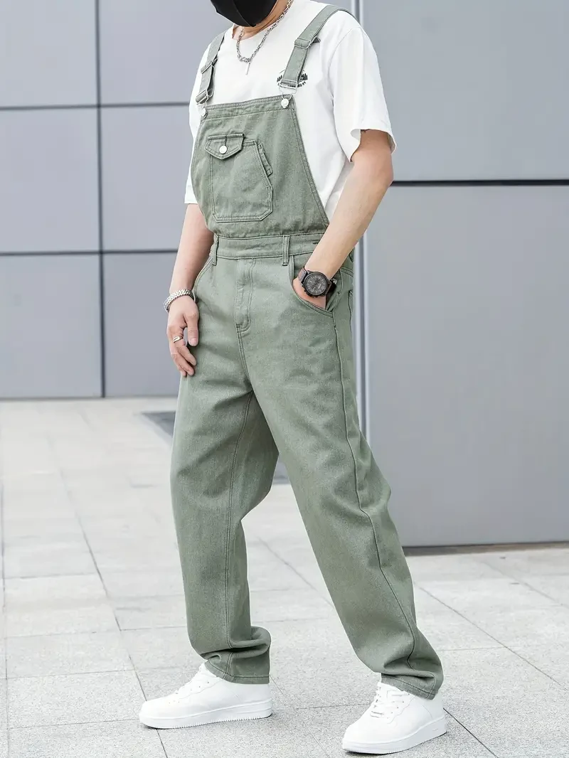 Men's All-Season Green Denim Bib Overalls - Loose, Casual Streetwear