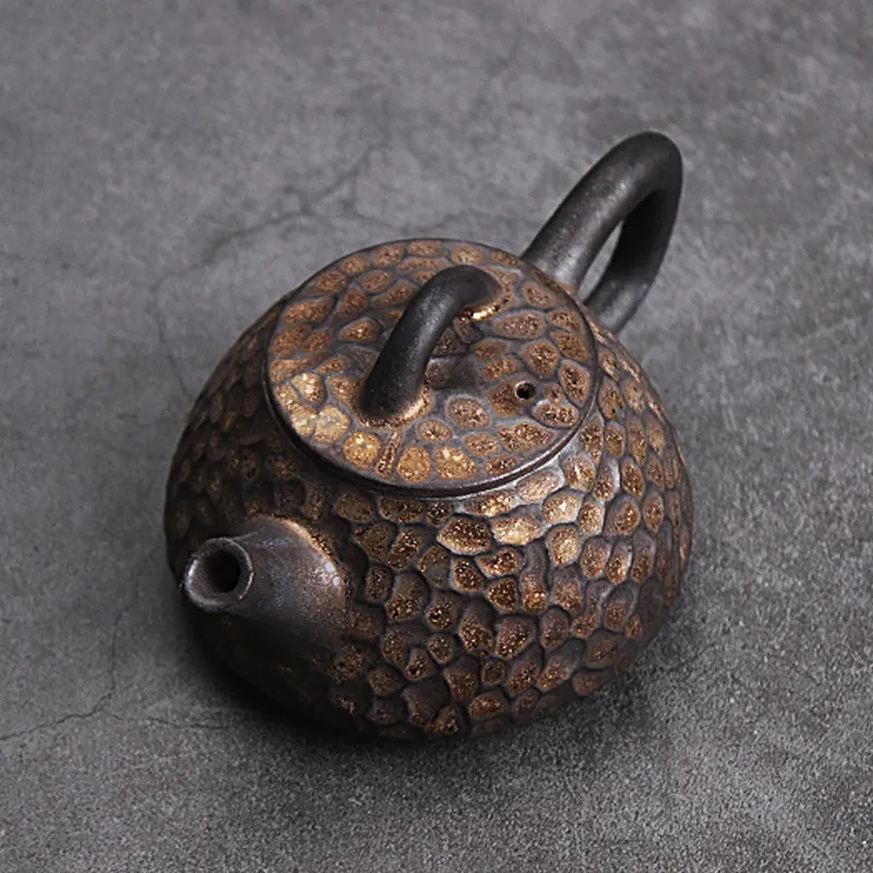 Japanese Style Black Gold Hammer Stone Ceramic Teapot