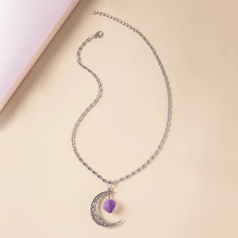 Vintage Purple Natural Stone Moon Necklaces For Women