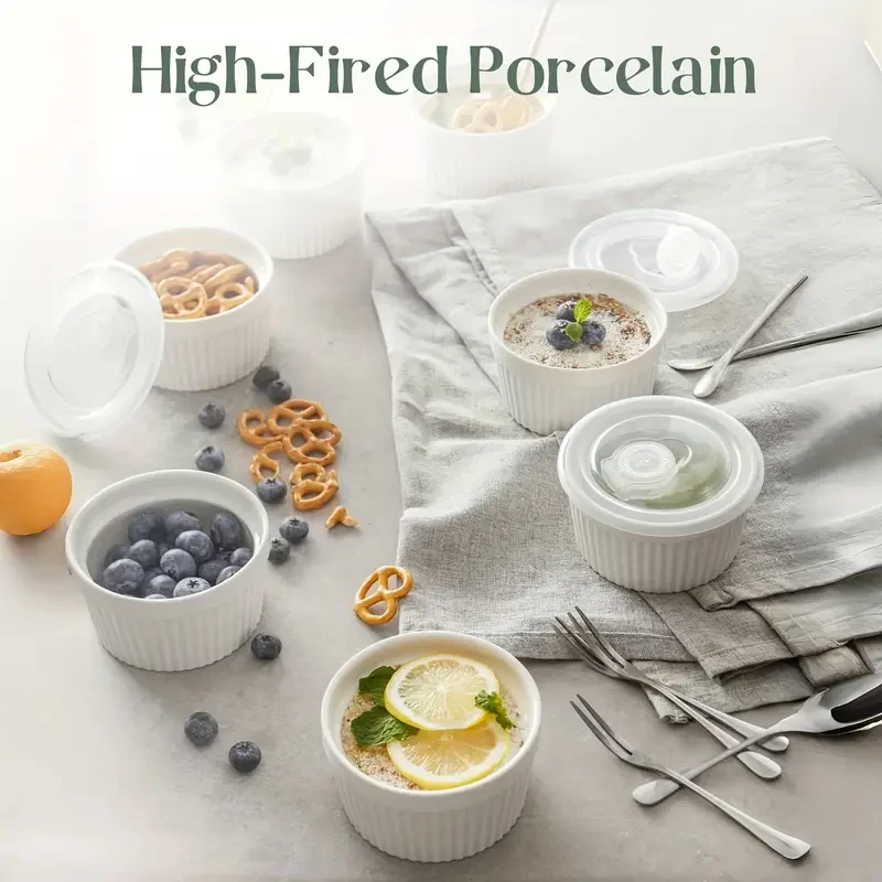 6-Pack Porcelain White Ceramic Ramekins with Lids