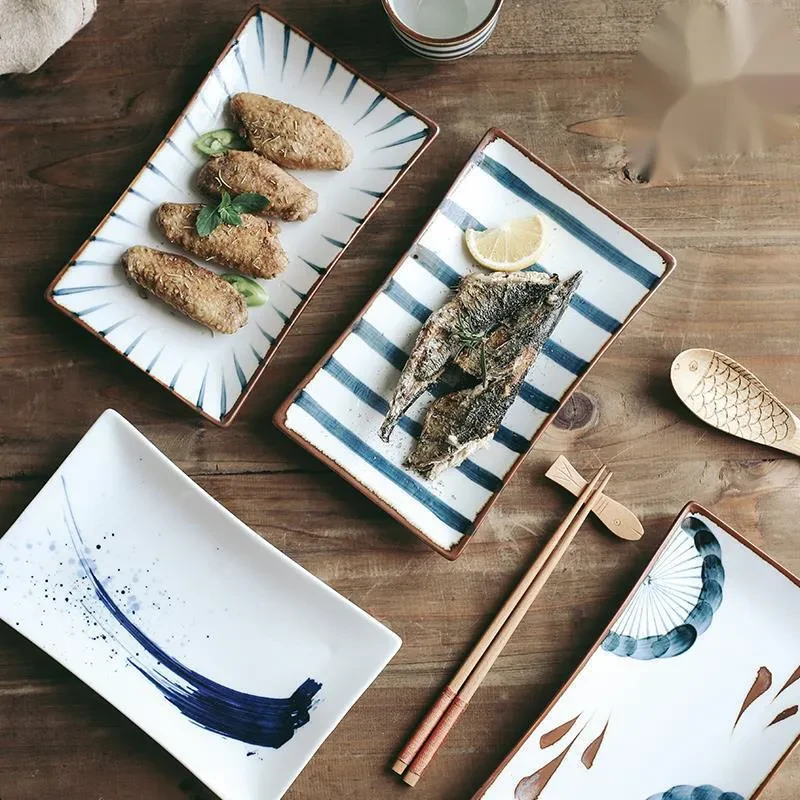 Hand-painted Japanese Style Retro Hand-painted Ceramic Sushi Plate Rectangular Plate