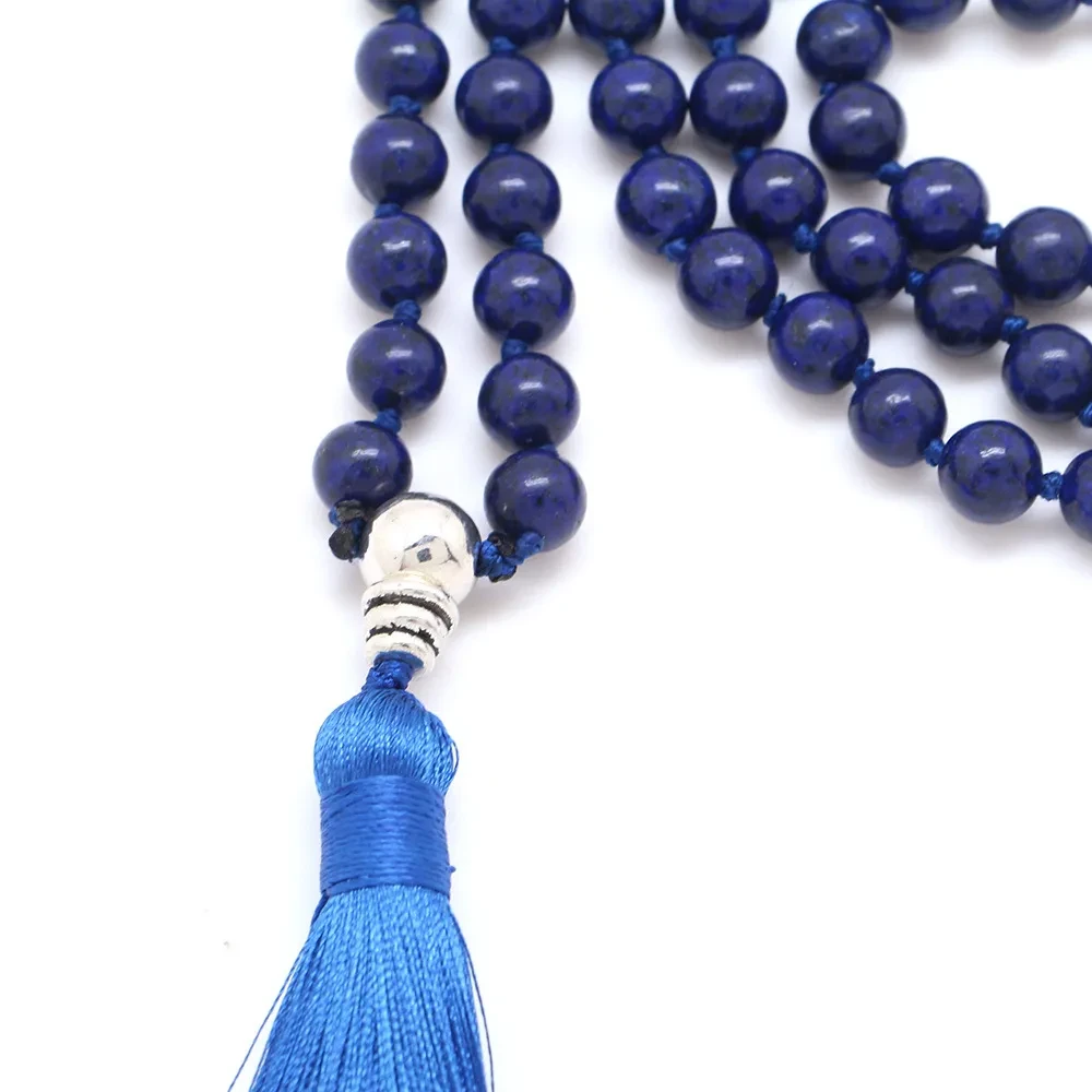 Blue Sandstone 8mm Natural Stone 108 Handmade Tassel Necklace