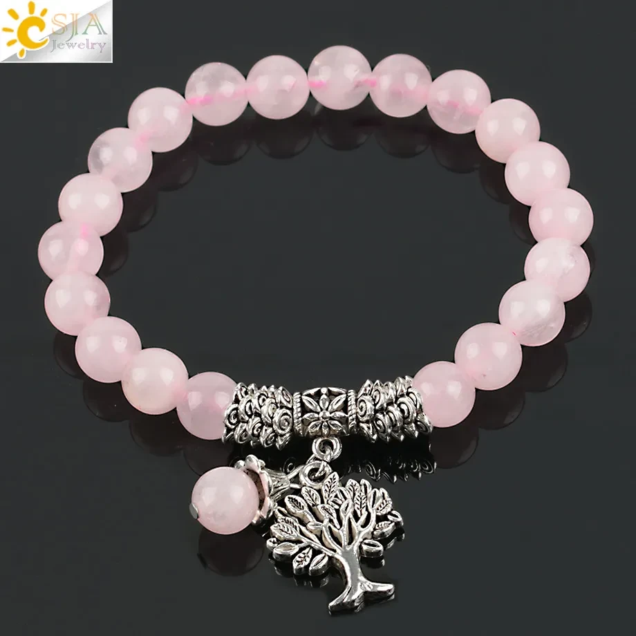 Round Bead Ancient Silver Life Tree Pendant Stone Bracelet