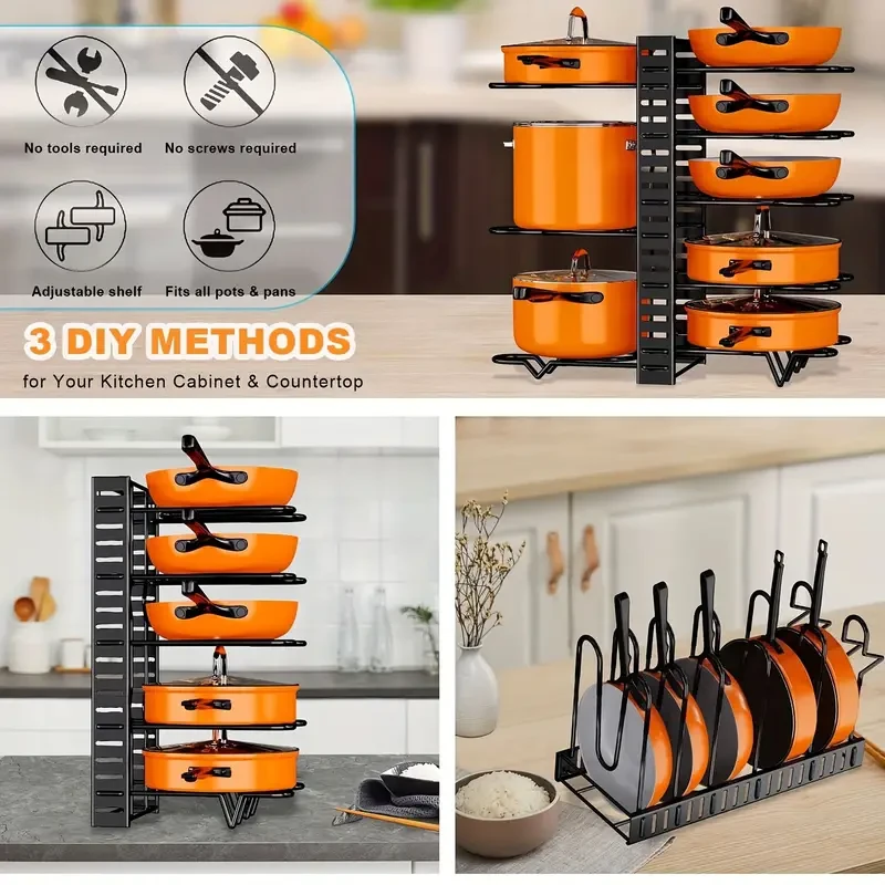 8-Tier Pot Organizer Rack - Kitchen Cabinet Storage