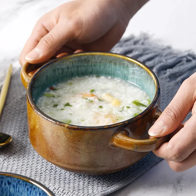 Ceramic Double Ear Bowl Single Household Eating Bowl
