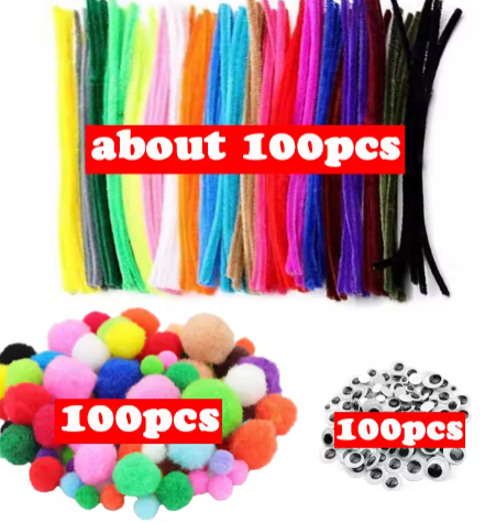 300pcs Kids Art Craft Supplies Set DIY Activities Parties 100 Pipe Cleaners 100 Pompoms 100 Wiggle Eyes Self Adhesive Toys Gifts
