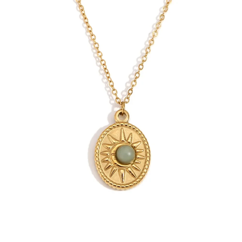 Stainless Steel 18K Gold Plating Oval Sun Natural Stone Pendant Necklace