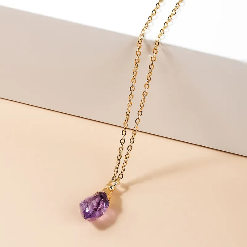 Amethyst Rough Stone Gold Plated Pendant Necklace Simple Style Ladies Jewelry Clavicle Chain