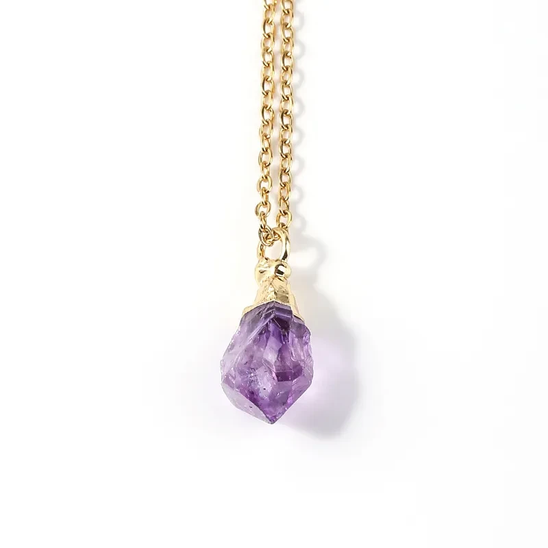 Amethyst Rough Stone Gold Plated Pendant Necklace Simple Style Ladies Jewelry Clavicle Chain