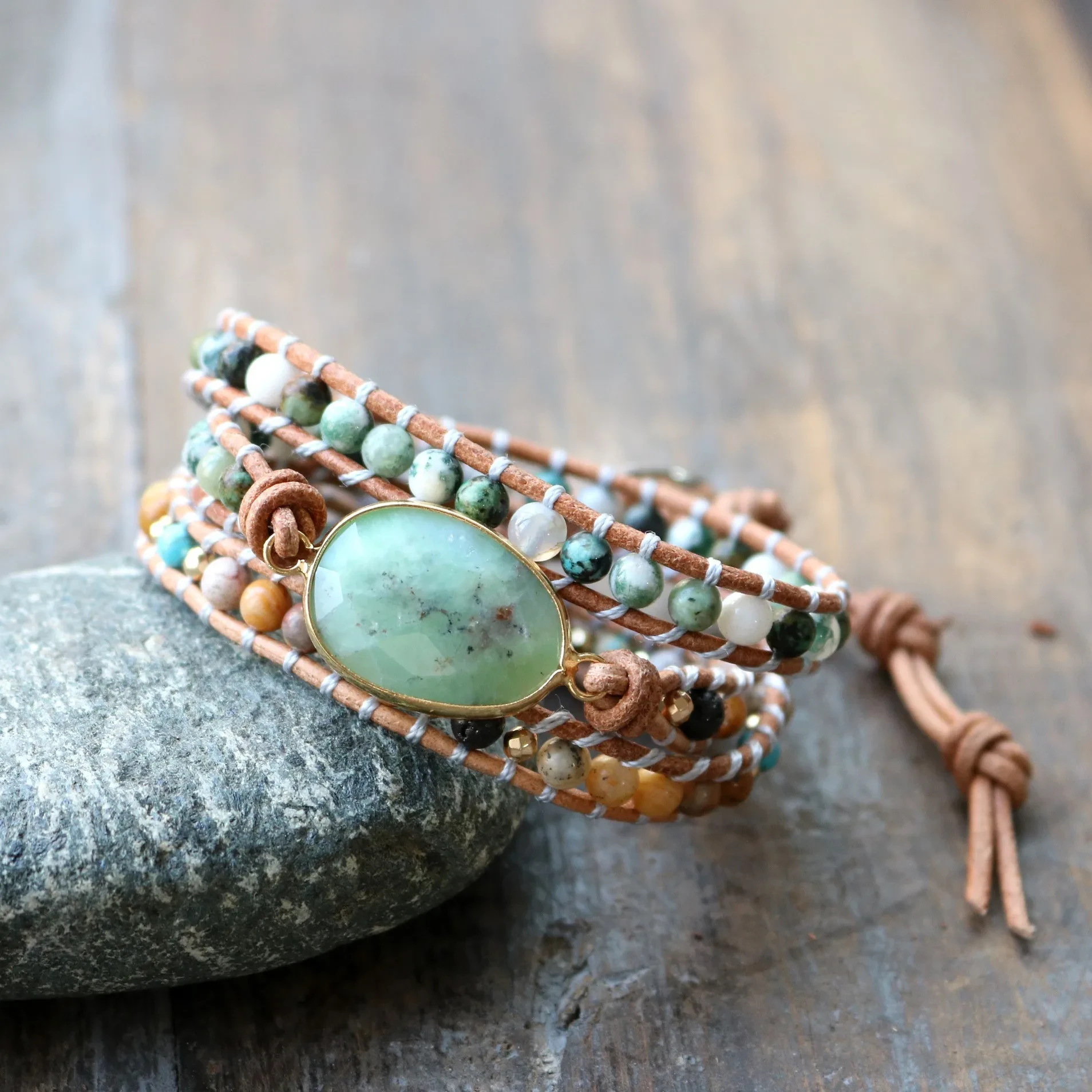 Natural Stone Bracelet Three-Layer Handmade Beaded Ladies Style Jewelry Leather Cord Bracelet