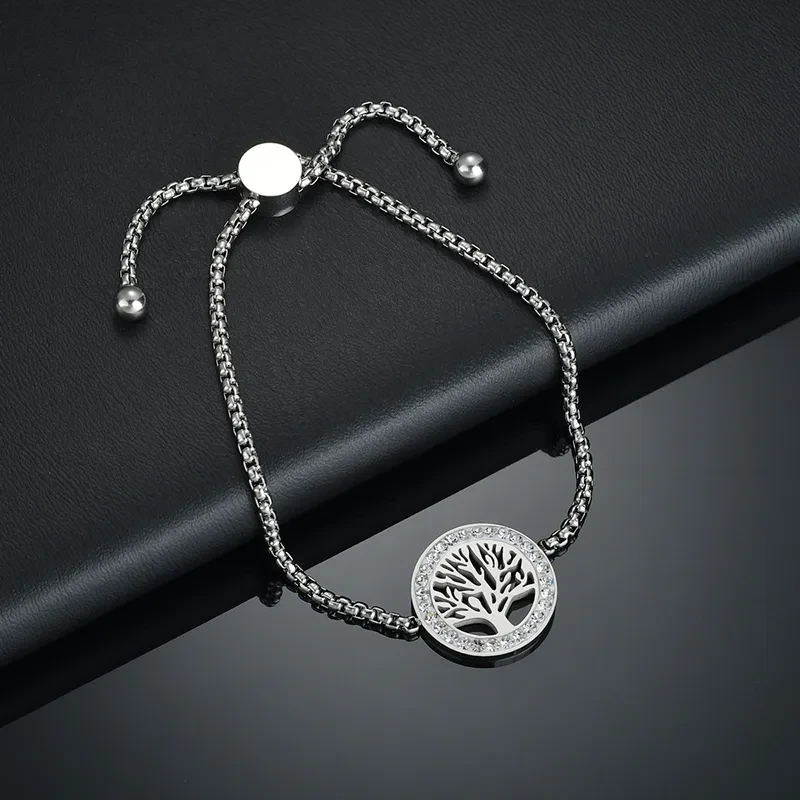 New Stainless Steel Adjustable Heart Tree Bracelets Women Steel CZ Stone Family Bracelet Mothers Day Gift