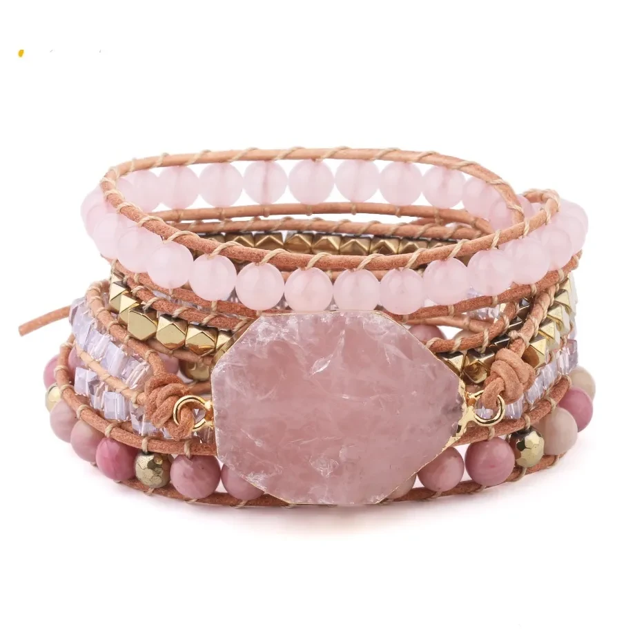 Natural Stone Bracelet Quartz Leather Wrap Bracelets For Women Rose Gems Beads Jewelry 5 Strand