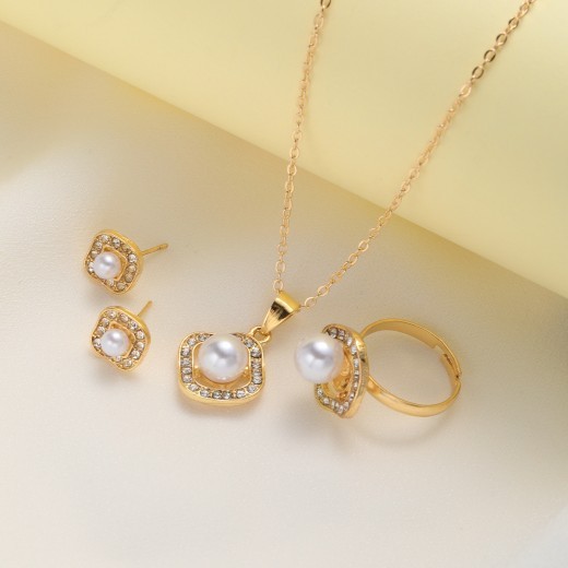 Fashion Rhinestone Pearl Square Necklace Suit