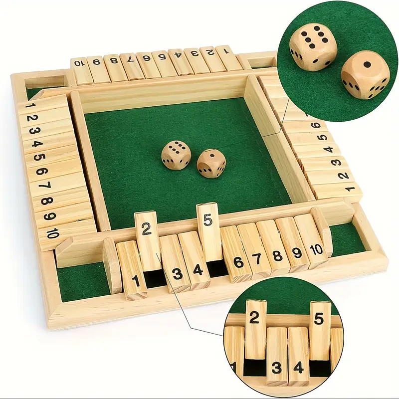 Shut the Box Family Game - 4-Sided Wooden Board with 8 Dices