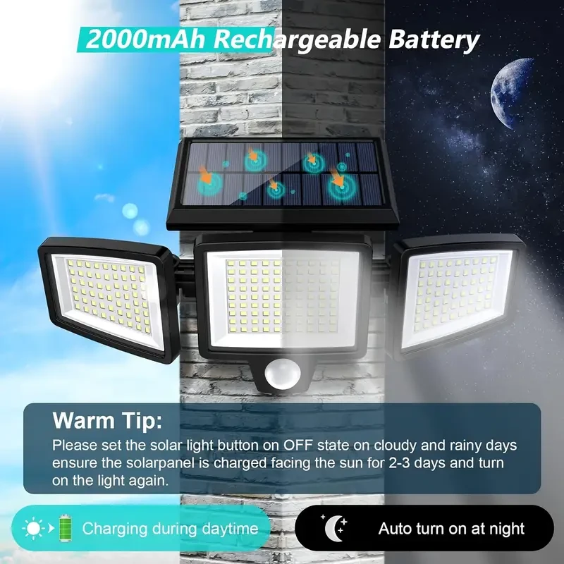 210 LED Solar Sensor Street Light - Three-Head Rotatable Double Row