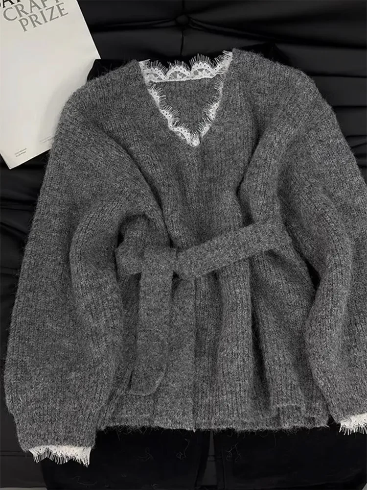 Patchwork Fake Two Pieces Pullover Gray Top