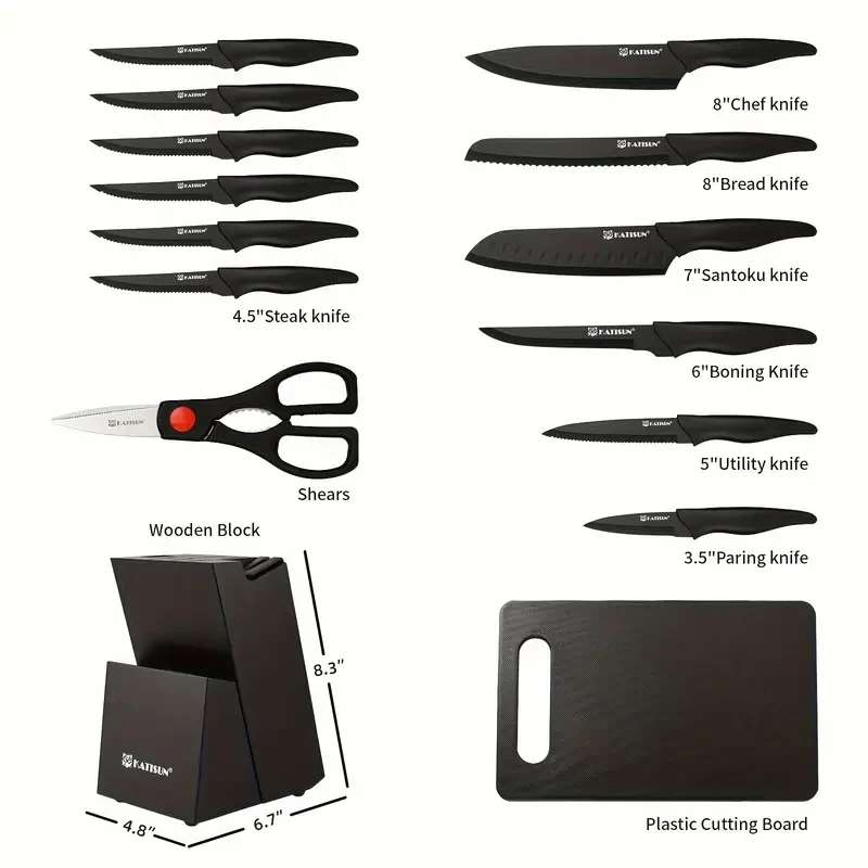 15 Pieces Professional Kitchen Knife Set with Black Wooden Block, Non-slip ABS Handle, Plastic Cutting Board, and Kitchen Shears