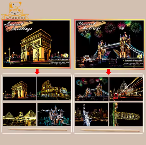 8PCS Scratch Cards Cherry Blossoms Fireworks Magic Painting Paper Art Night Scene Postcard Play Game Drawing Toy Kid Crafts Gift