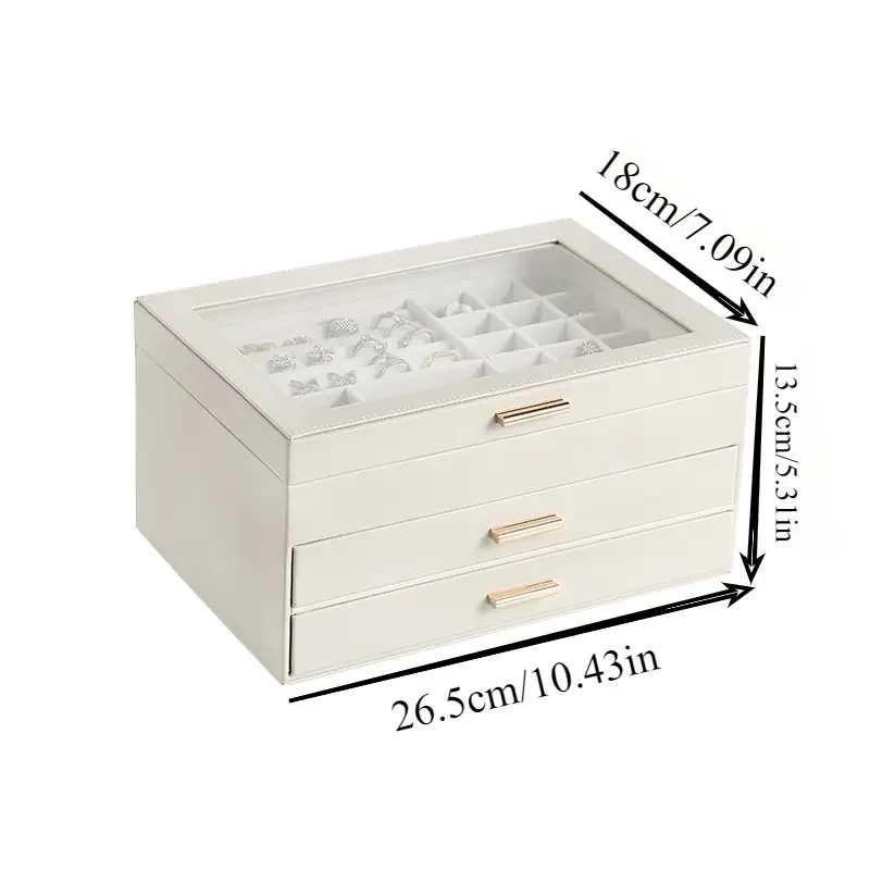 Contemporary 3-Layer Leather Jewelry Organizer Box with Drawers