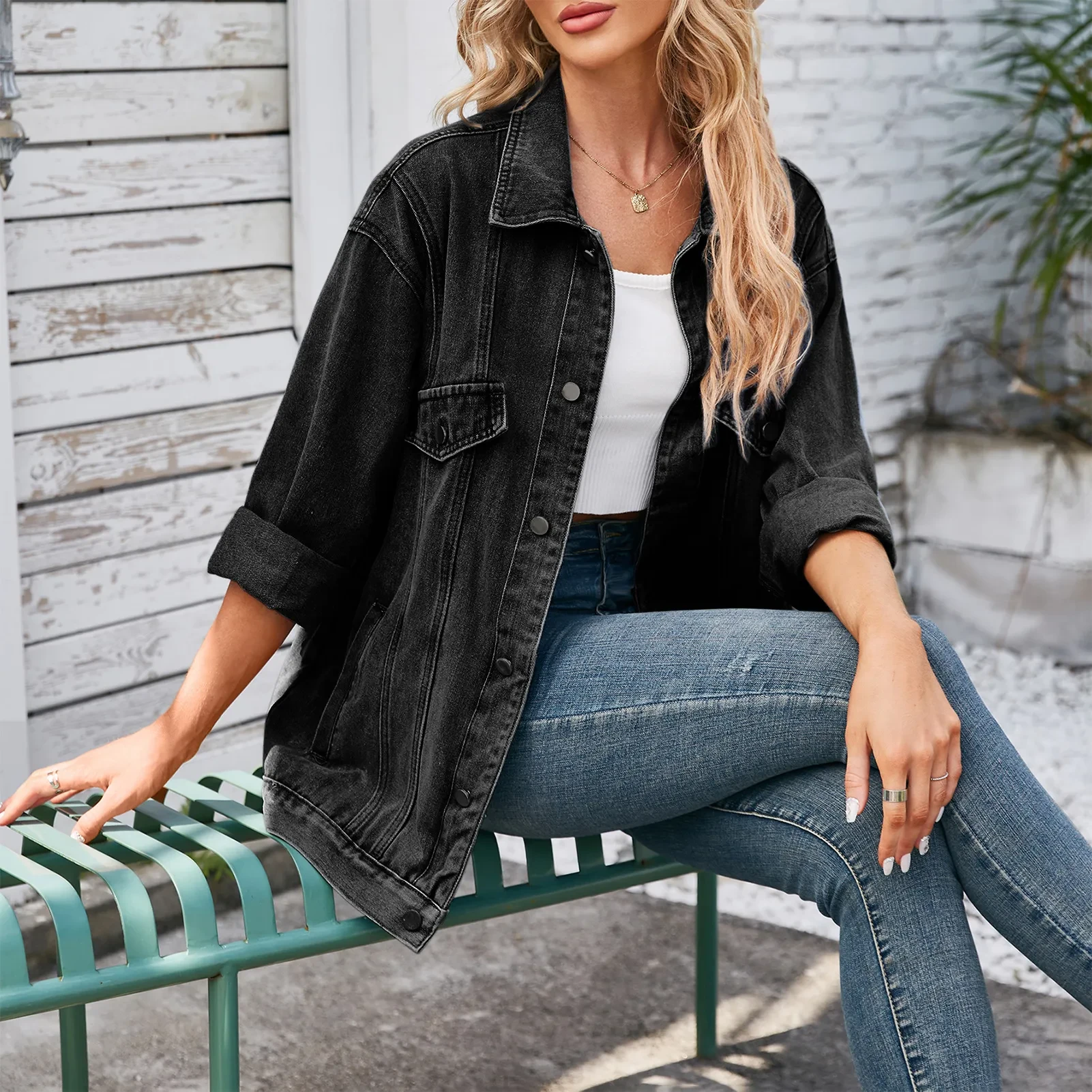 Washed Loose Long Sleeve Denim Coat Top