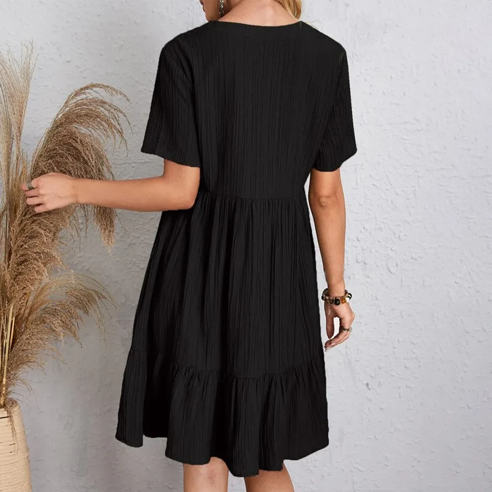 V-neck Short Sleeve Dress Summer Fashion Casual Loose Ruffled Dresses Beach Clothing Women