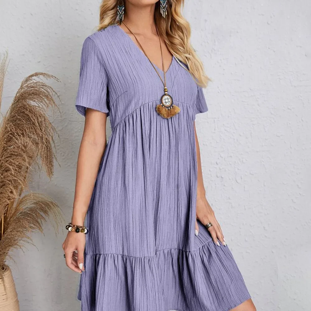 V-neck Short Sleeve Dress Summer Fashion Casual Loose Ruffled Dresses Beach Clothing Women