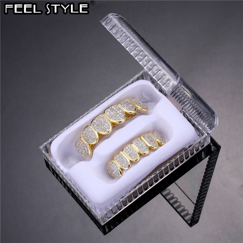 Feel Style Cool Teeth Grillz Set for Unisex  Cubic Zirconia Stone Top & Bottom Grillz,