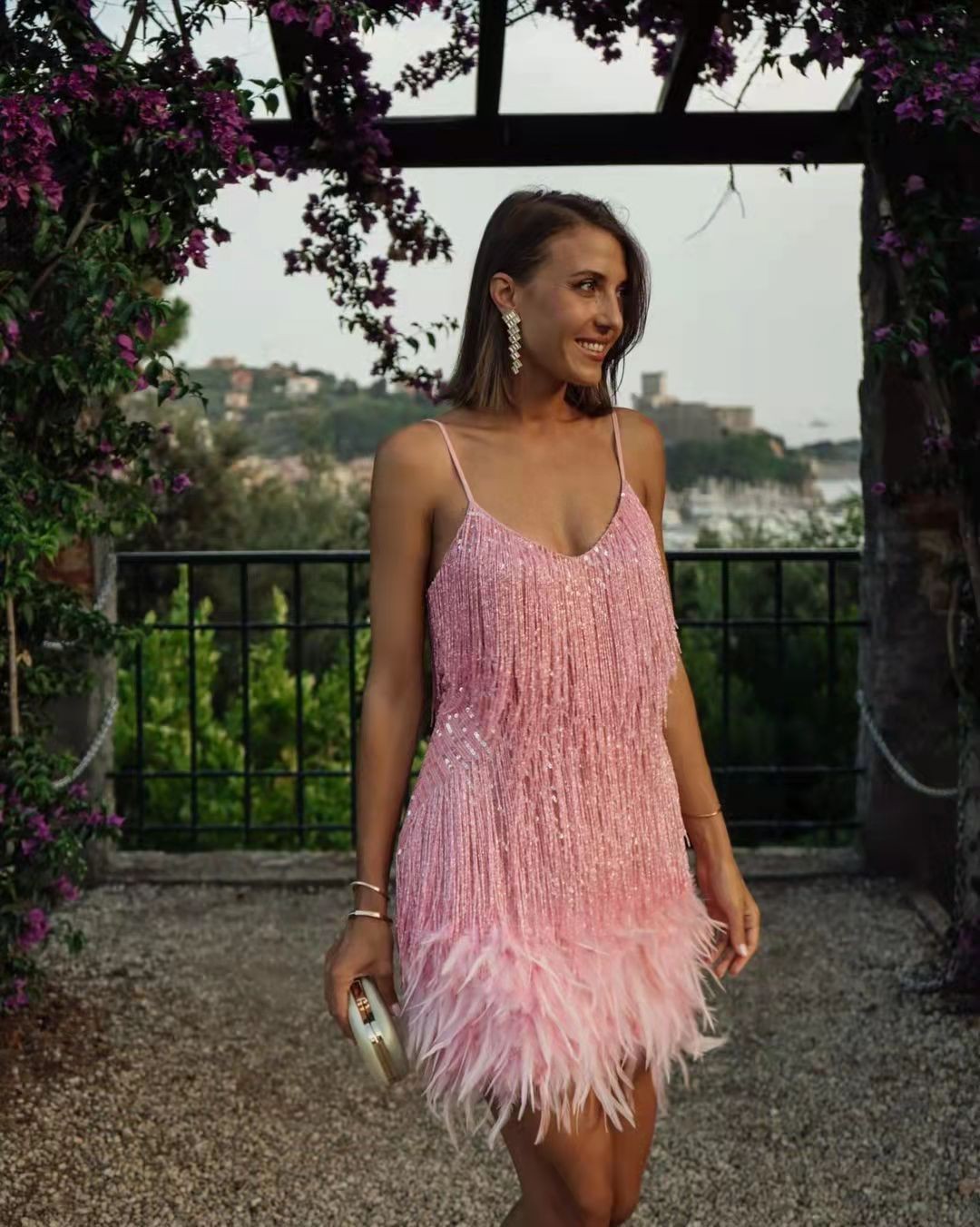 Twirl into Elegance - Fringed Sequin Dress with Feather Stitching