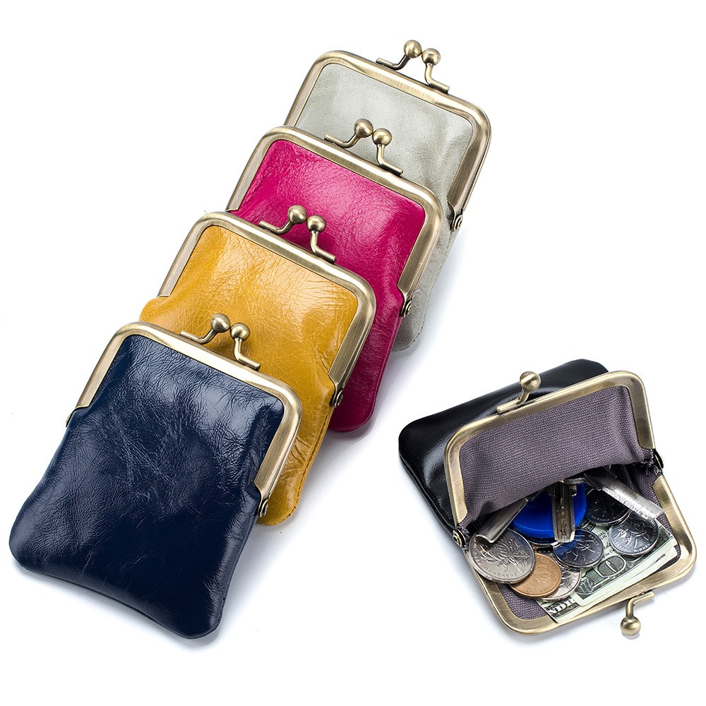 First Layer Oil Wax Cowhide Retro Compact Clip Coin Purse