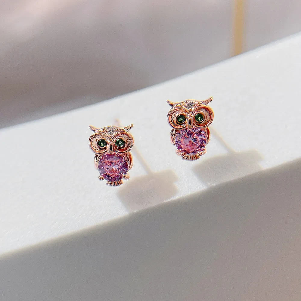 Sterling Silver Owl Zircon Earrings Female White Diamond