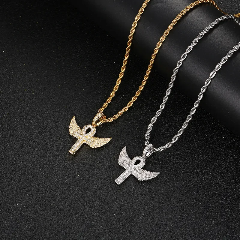 Zircon - Encrusted Angel Wing Cross Pendant Gold