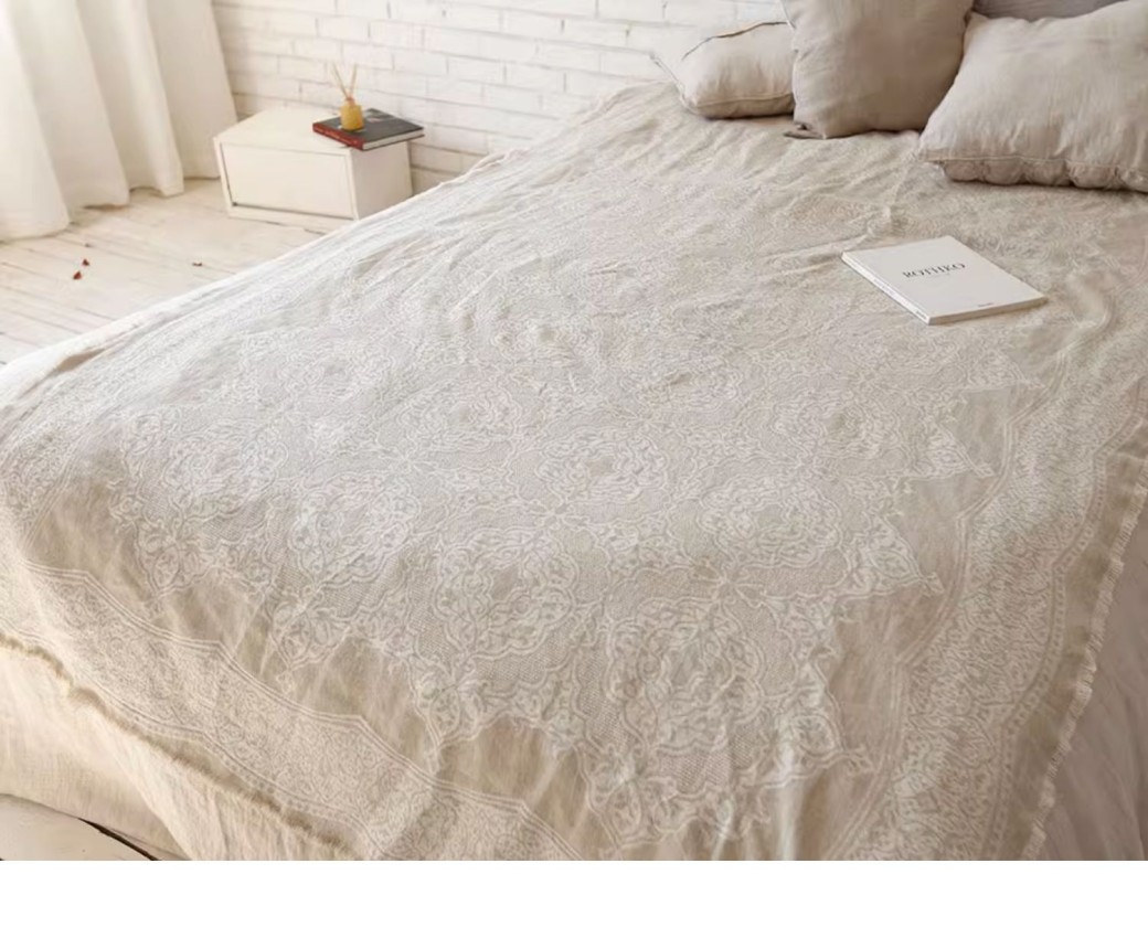Jacquard Linen Cotton Bamboo Fiber Burrs Tassels Cover Blanket Sofa Tablecloth
