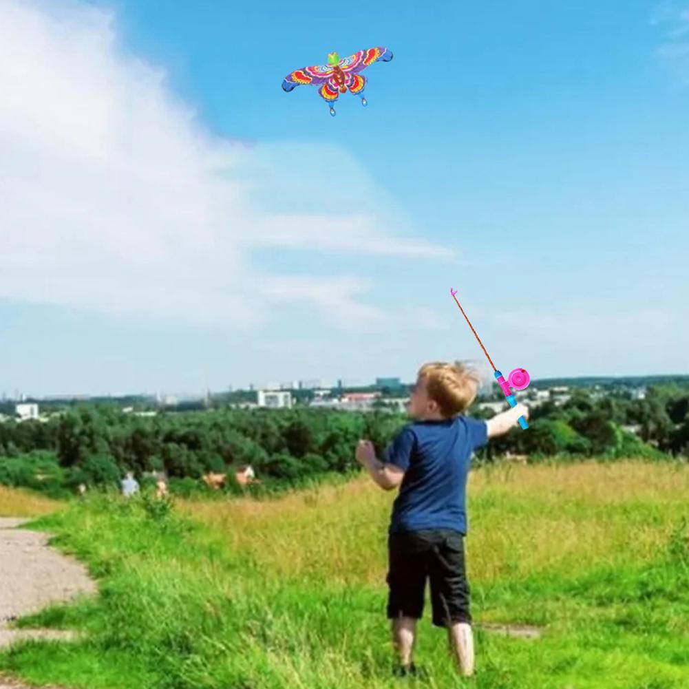 Childrens Kite Toy Cartoon Eagle & Butterfly Foldable Mini Kite with Hand Brake & Fishing Rod
