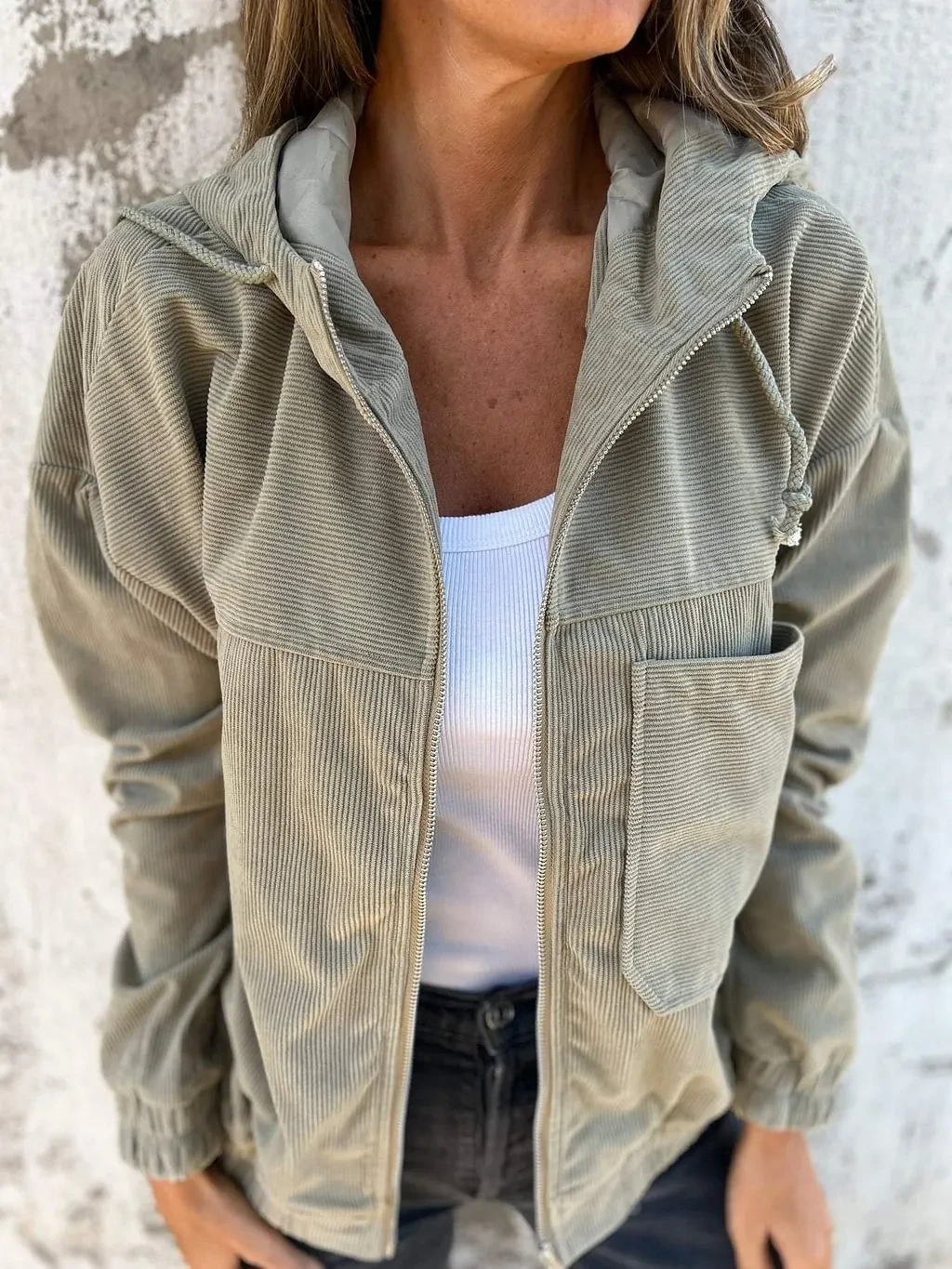 Corduroy Hooded Zip-up Jacket With Pockets Fashion Casual Drawstring Tops Outerwear Women's Clothing