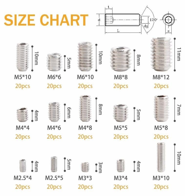 300pcs Hex Allen Head Socket Set Screw Bolts Kit Stainless Steel