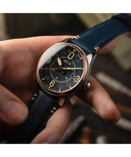 AVI-8 Spitfire Smith Distressed Blue Leather Strap Blue Dial Automatic AV-4090-05 Men's Watch