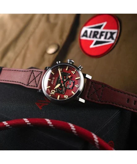 AVI-8 Dambuster Gibson Dual Time Chronograph Airfix Edition Hazard Red Dial Quartz AV-4107-04 Men's Watch
