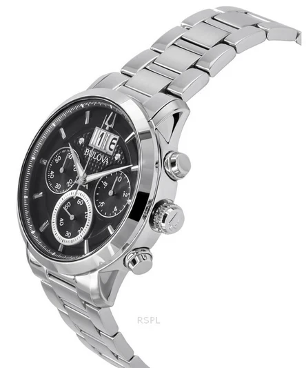 Bulova Sutton Big Date Chronograph Stainless Steel Black Dial Quartz 96B319 Men's Watch